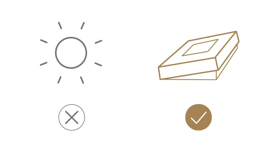 Care guide icons. Store photo books away from direct sunlight.