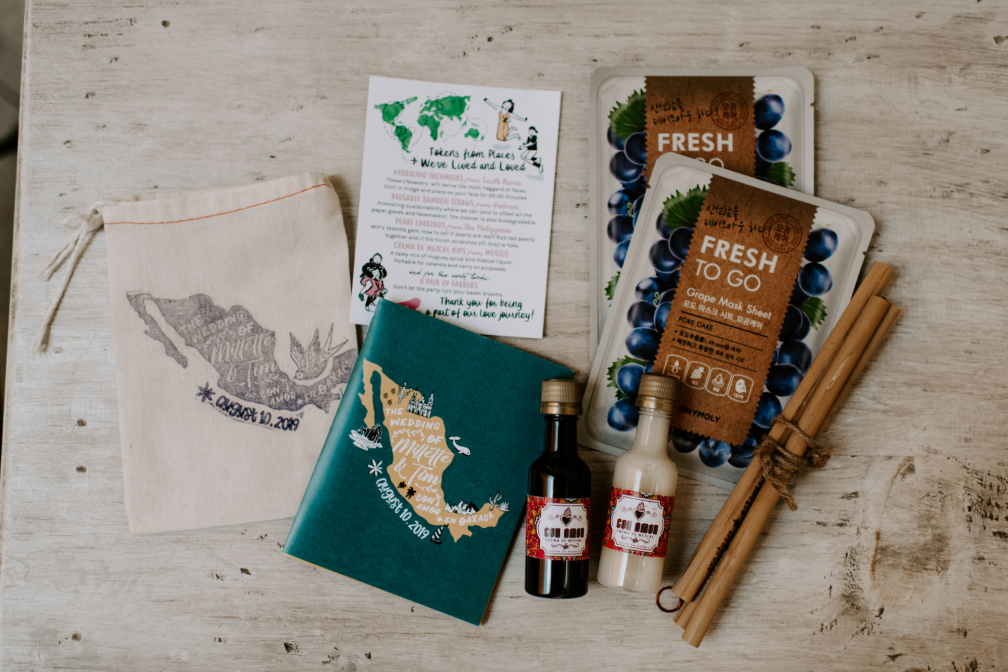 Mini string bag with contents laid out on table including list of travel places, book, sauces, cinnamon sticks, and packets of blueberries